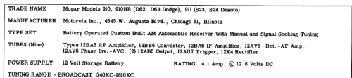 MoPar 910HR Dodge D62, D63; Motorola Inc. ex (ID = 235819) Car Radio