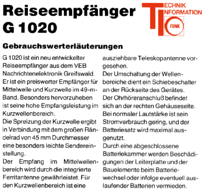 Taschenempfänger MW KW G1020; Nachrichtenelektroni (ID = 1849265) Radio