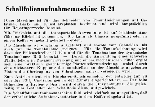 Schallfolienaufnahmemaschine R21; Neumann, Georg, (ID = 2360984) Enrég.-R