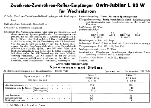 Jubilar L92W; Owin; Hannover (ID = 25698) Radio