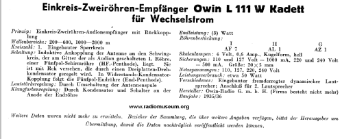 Kadett L111W ; Owin; Hannover (ID = 25702) Radio