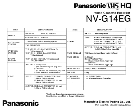 Video Cassette Recorder NV-G14EG; Panasonic, (ID = 1290456) R-Player