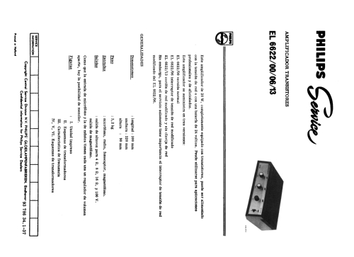 Amplificador Transistorizado de 20 W EL6622 /00 /06 /13; Philips Ibérica, (ID = 2432353) Ampl/Mixer