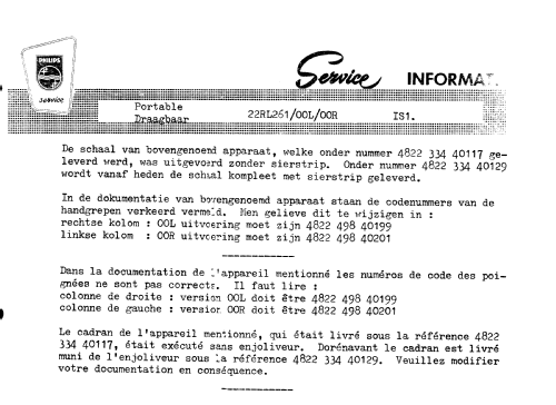 22RL261 /00L /00R /01L /01R; Philips Belgium (ID = 1523998) Radio