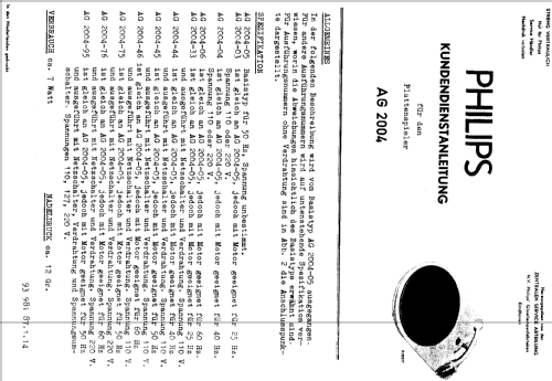 Plattenspielerchassis AG2004 /03 /04 /05 /06 /33 /44 /45 /46 /75 /76 /95; Philips Radios - (ID = 500714) R-Player