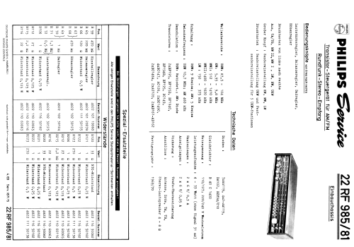 Transistor-Steuergerät AM/FM Stereo 22 RF 985/81; Philips Radios - (ID = 2010301) Radio