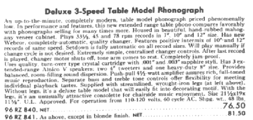 Deluxe 3-Speed Table Phonograph Cat. No. 96 RZ 840; Pilot Electric Mfg. (ID = 3020447) R-Player