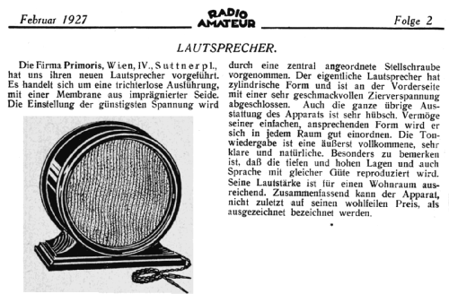 Lautsprecher 1927; Primoris-Radio, A. (ID = 1764761) Speaker-P