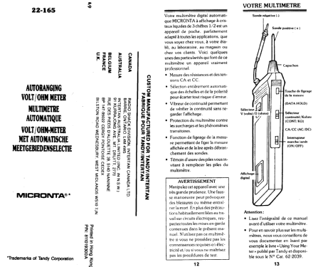 Micronta Autoranging Digital Multimeter 22-165; Radio Shack Tandy, (ID = 1026667) Equipment