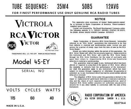 45-EY Ch= RS-132-F; RCA RCA Victor Co. (ID = 3017108) R-Player