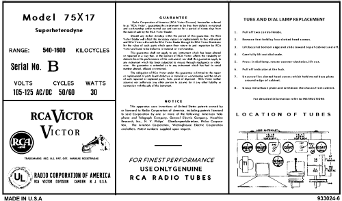 75X17 Ch= RC1050B; RCA RCA Victor Co. (ID = 3027570) Radio