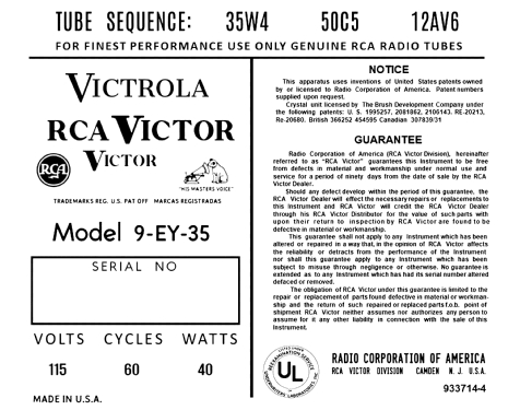 9EY35 Ch=RS132; RCA RCA Victor Co. (ID = 3017105) R-Player