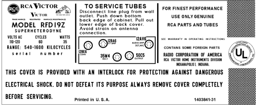 RFD 19 Z Ch= RC-1213D; RCA RCA Victor Co. (ID = 3028537) Radio