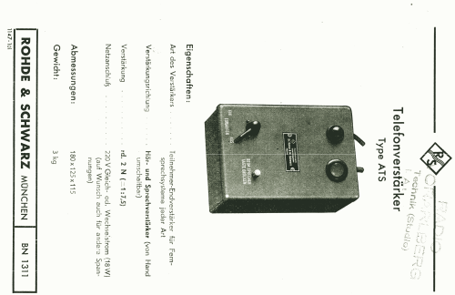 Telefonverstärker ATS BN 1311; Rohde & Schwarz, PTE (ID = 2564793) Ampl/Mixer