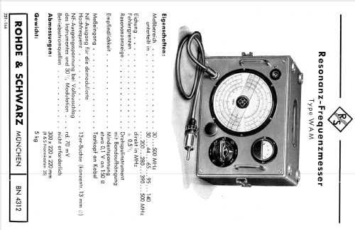 Resonanz-Frequenzmesser WAM BN 4312; Rohde & Schwarz, PTE (ID = 1656645) Equipment