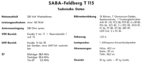 Feldberg T115 Automatic; SABA; Villingen (ID = 2048708) Télévision