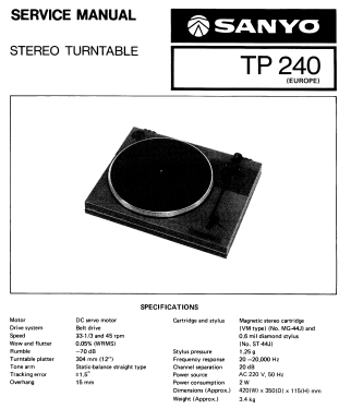 Auto Return Beltdrive Turntable TP-240; Sanyo Electric Co. (ID = 2936393) R-Player