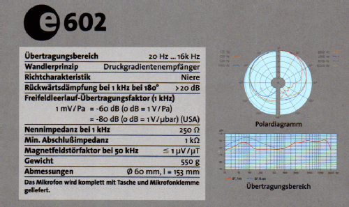 Instrumentenmikrofon e 602; Sennheiser (ID = 1836310) Microphone/PU