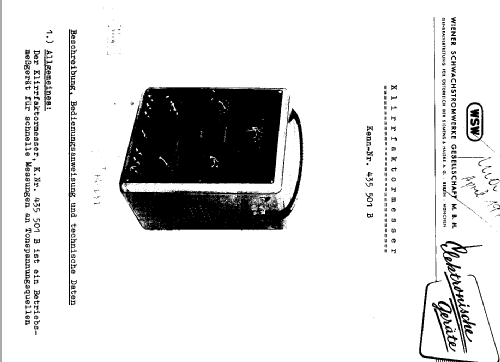 Klirrfaktormesser Kenn Nr 435 501 B; Siemens-Austria WSW; (ID = 1404244) Equipment