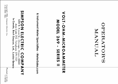 Volt-Ohm-Microammeter 269 Series 2 ; Simpson Electric Co. (ID = 346037) Equipment
