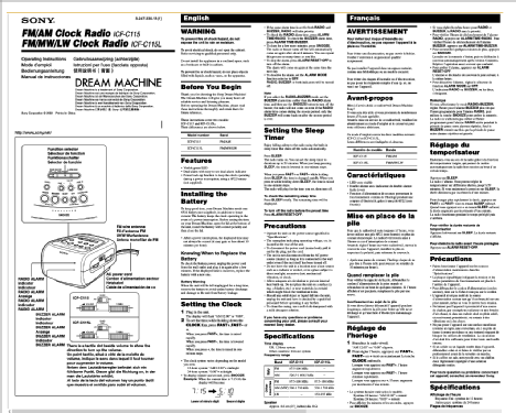 Dream Machine FM/AM Clock Radio ICF-C115; Sony Corporation; (ID = 2749639) Radio