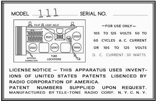 111 Ch= A late; Tele-Tone Radio Corp (ID = 3026121) Radio