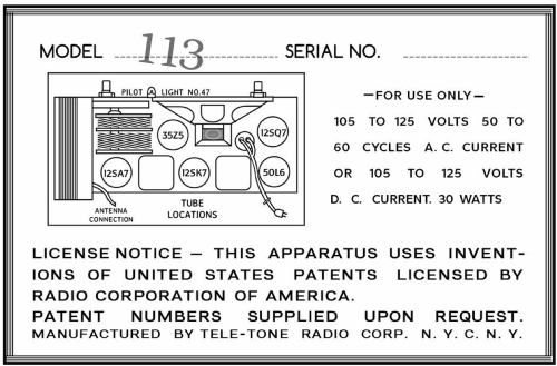 113 Ch= A late; Tele-Tone Radio Corp (ID = 3050421) Radio
