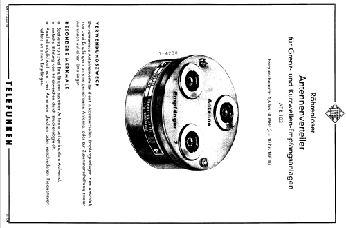 Antennenverteiler f. Grenz- und KW-Empfangsanlagen ATR 103; Telefunken (ID = 1355534) Diversos