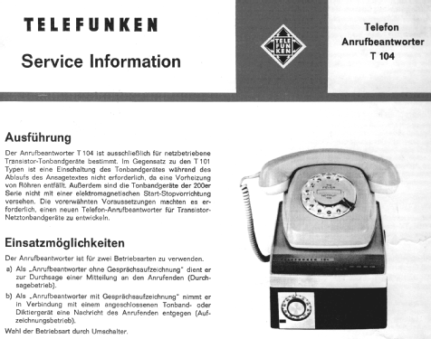 Automatischer Telefon-Anrufbeantworter T104; Telefunken (ID = 1279181) Telephony