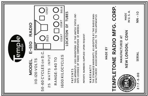 Temple E-510 ; Templetone Radio Mfg (ID = 3033331) Radio