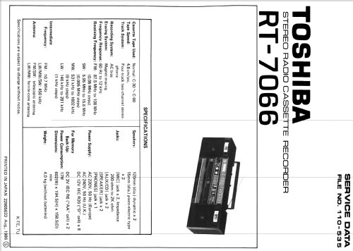 AM/FM Stereo Radio Cassette Recorder RT-7066; Toshiba Corporation; (ID = 1820994) Radio