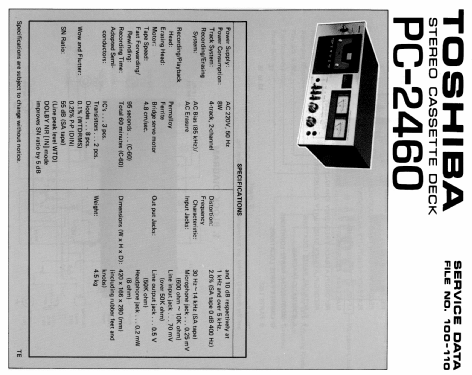 Stereo Cassette Deck PC-2460; Toshiba Corporation; (ID = 1808619) R-Player