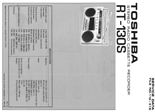 Stereo Radio Cassette Recorder RT-130S; Toshiba Corporation; (ID = 1770533) Radio