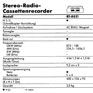 Stereo-Radio-Cassettenrecorder RT-8031; Toshiba Corporation; (ID = 1688798) Radio