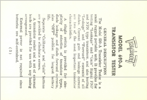 Transistor Tester 690-A; Triplett Electrical (ID = 2380938) Ausrüstung