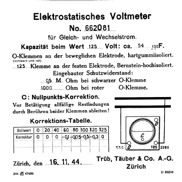 Elektrostatisches Voltmeter ; Trüb, Täuber & Co. (ID = 2292158) Equipment