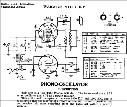 9-21 Phono Oscillator ; Warwick Mfg. Corp., (ID = 704027) R-Player