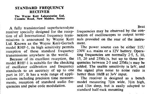 Standard Frequency Receiver RHF-1; Wayne Kerr; New (ID = 2762903) Equipment