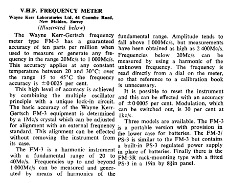 VHF Frequency Meter FM-3 Series; Wayne Kerr; New (ID = 2659276) Equipment