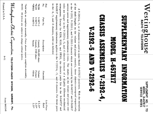 H-657K17 Ch= V-2192-4; Westinghouse El. & (ID = 1214349) Televisión