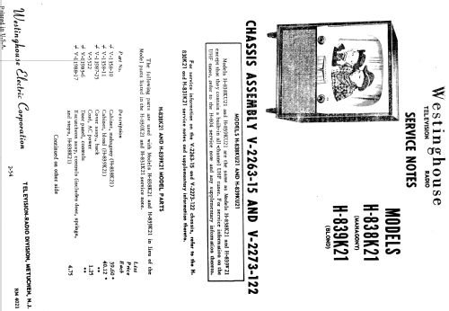 H-839KU21 Ch= V-2273-122; Westinghouse El. & (ID = 1286117) Televisore
