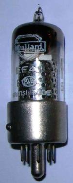 A Mullard brand EF41 valve with a Mazda rimlock base.  Possibly a Mullard badged Mazda 6F16.